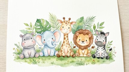 Fototapeta premium Cute Watercolor Safari Animals Illustration with Baby Lion Elephant Giraffe Zebra and Hippo for Nursery Decor