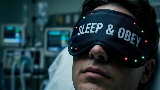 Man wearing a sleep mask with electronic lights in a clinical setting. Mind control and zombification experimentation concept. Brainwashing in a medical hospital.