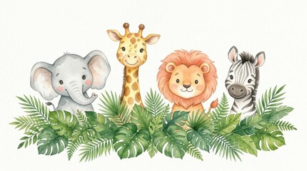 Fototapeta premium Cute Watercolor Safari Animals Illustration with Elephant Giraffe Lion and Zebra in Tropical Jungle Leaves for Nursery Decor
