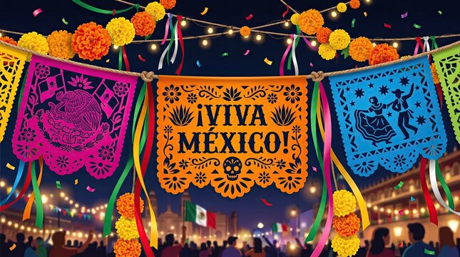 Papel Picado Banners and Marigolds Viva Mexico Night Celebration.