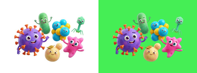 Fototapeta premium Cute cartoon microbe and bacteria characters 3D