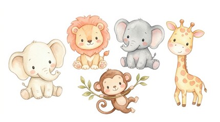 Fototapeta premium Cute Watercolor Safari Animals Set - Baby Elephant, Lion, Monkey, and Giraffe Illustrations for Nursery Decor and Baby Shower