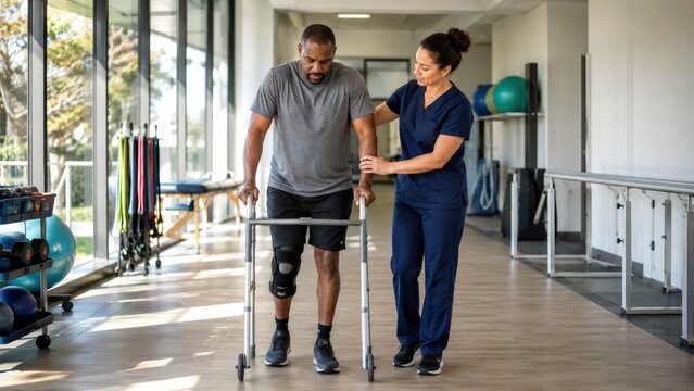 physical therapist assists a man with a knee brace as he practices walking with a walker in a bright rehabilitation center.