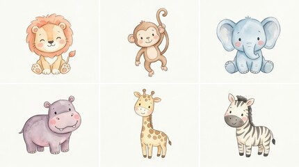 Fototapeta premium Cute Watercolor Safari Animals Set: Lion, Monkey, Elephant, Hippo, Giraffe, and Zebra for Nursery Decor and Kids' Projects