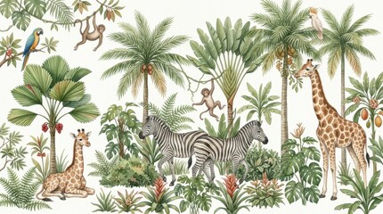 Fototapeta premium Watercolor Safari Animals Mural with Giraffes, Zebras, Monkeys and Tropical Jungle Plants on White Background