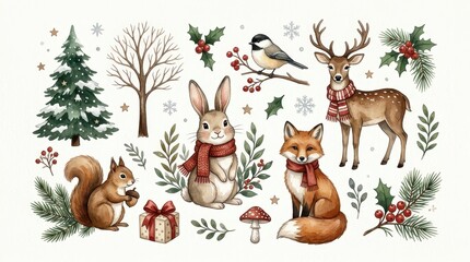 Fototapeta premium Watercolor Winter Woodland Animals Clipart Set with Deer, Fox, Rabbit, Squirrel and Christmas Elements on White Background