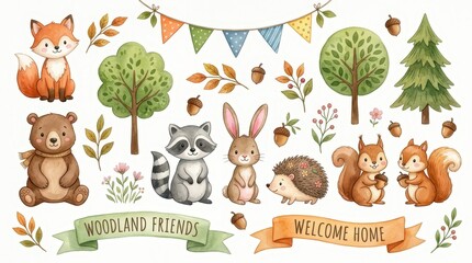 Fototapeta premium Watercolor Woodland Animals Clipart Set with Fox, Bear, Rabbit, Raccoon, Squirrel, Hedgehog, Trees and Forest Elements