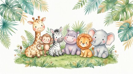 Obraz premium Cute Watercolor Safari Animals Illustration with Giraffe, Lion, Elephant, Zebra, Hippo, and Monkey in Tropical Jungle
