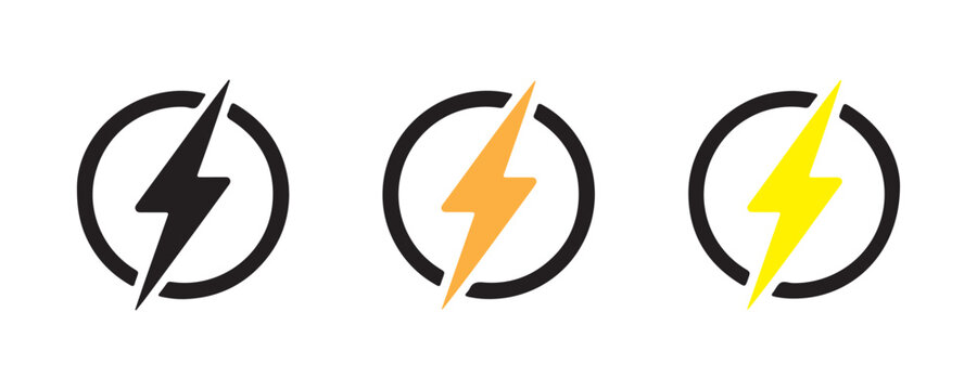 Colorful electricity lightning bolt inside round circle frame vector icons for power branding.