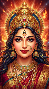 Divine goddess durga portrait with radiant golden crown and traditional jewelry