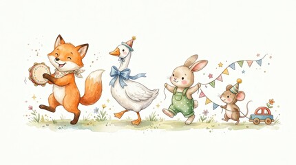 Fototapeta premium Watercolor Illustration of Cute Forest Animals in a Joyful Celebration Parade with Fox, Goose, Rabbit, and Mouse
