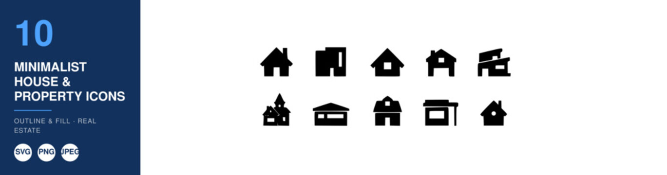 Minimalist House & Property Icons Set, Real Estate Outline & Fill Design, Modern Home Symbols