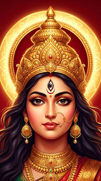 Portrait of goddess durga with traditional golden ornaments and divine aura