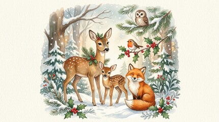 Fototapeta premium Watercolor Winter Forest Scene with Deer, Fox, Owl, and Robin - Festive Holiday Illustration with Snow and Holly