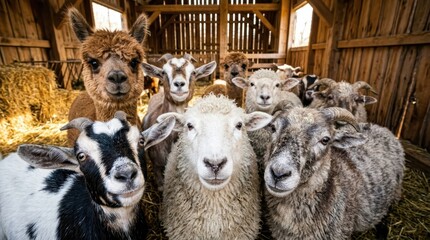 Fototapeta premium Group of Curious Farm Animals Including Sheep, Goats, and Alpacas Looking at Camera Inside a Rustic Wooden Barn