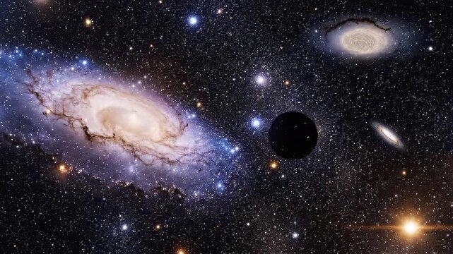 Celestial rotating with orbiting planet against deep space background during cosmic exploration