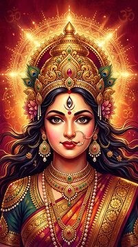 Portrait of goddess durga with divine radiance and traditional ornaments