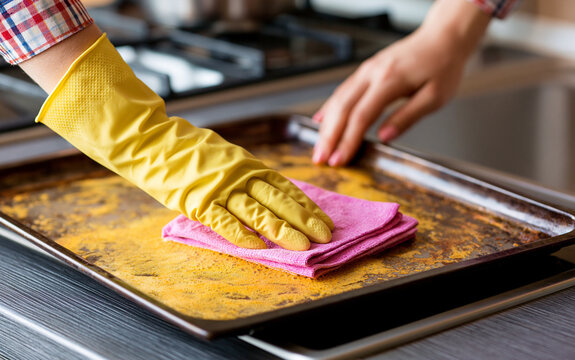 Cleaning an oven tray with a cloth in a kitchen