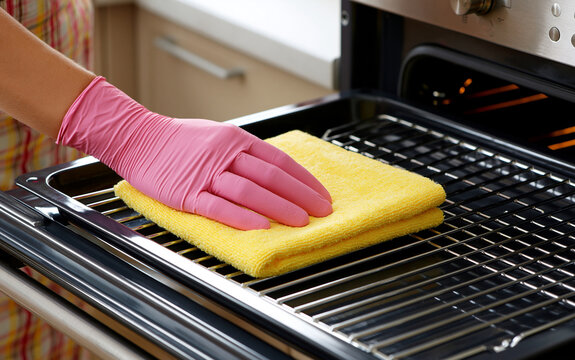 Cleaning an oven tray with a cloth in a kitchen
