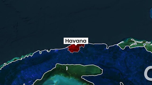 Animated map graphic highlighting Havana Cuba in motion footage