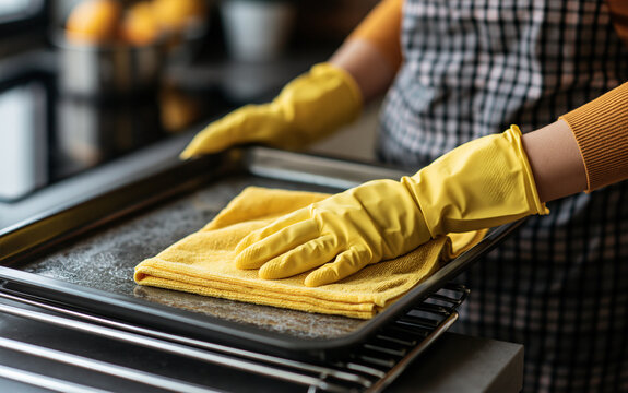 Cleaning an oven tray with a cloth in a kitchen