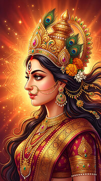 Stunning portrait of goddess durga with peacock feather crown