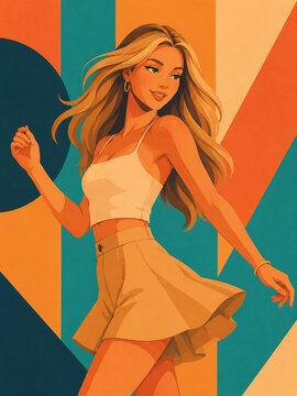 A cheerful illustrated woman twirls in a vintage-inspired outfit against vivid orange, teal, and cream shapes, capturing carefree movement and upbeat summer fashion energy.