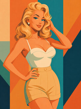 A confident illustrated woman poses with one hand in her hair, wearing a classic pinup ensemble against striking orange, teal, and cream geometric forms.