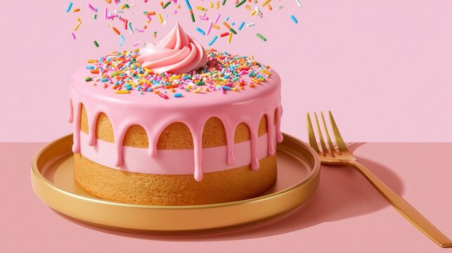 Pink frosted cake with colorful sprinkles and golden fork on pink background