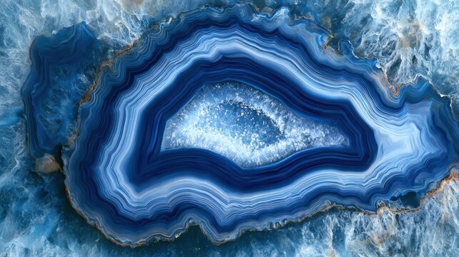 A blue agate geode cut in half. The center reveals a crystalline structure surrounded by dark blue layers of stone.
