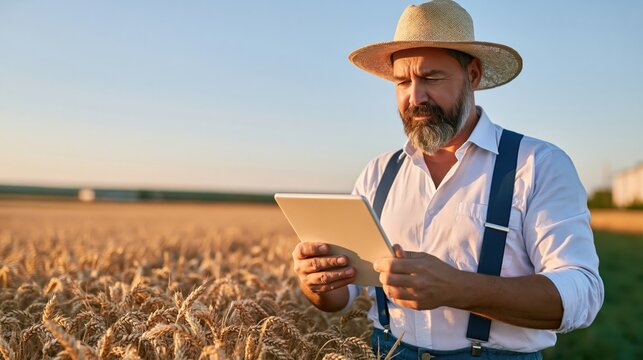 Focused farmer in fifties standing in vivid golden wheat field using digital tablet during sunset