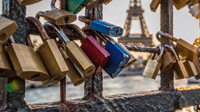 Close-up of Numerous Love Locks Attached to a Metal Fence with the Eiffel Tower in the Softly