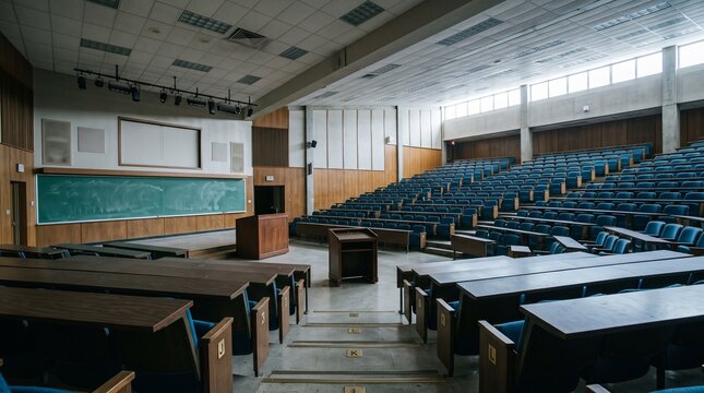Empty University Lecture Hall with Tiered Seating and Chalkboard.