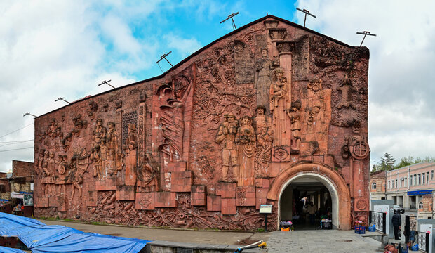 Monumental terracotta relief *Kolkheti* by Bernard Nebieridze on the fa&ccedil;ade of the Green Bazaar in the city center of Kutaisi, Imereti region, Georgia 05.04.25