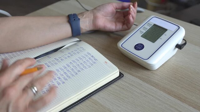A woman keeps a blood pressure diary. Close-up of her hands holding a tonometer and entries in the diary.