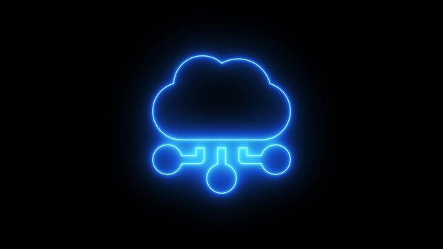 Motion graphics video clip of a glowing blue neon cloud computing icon pulsating on a dark background.A glowing blue neon cloud network icon flickers and pulses with energetic light in this looping 