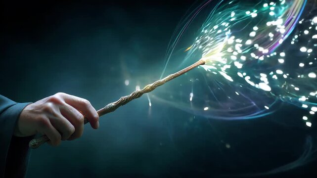 A hand holding a magic wand creates colorful light effects suitable for Halloween celebrations in a dark setting