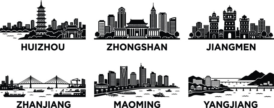 Guangdong China city skyline silhouette set featuring Huizhou Zhongshan Jiangmen Zhanjiang Maoming Yangjiang vector illustration