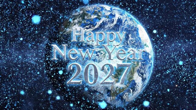 Earth dissolving into particles with happy new year 2023 text against starry background cinematic motion