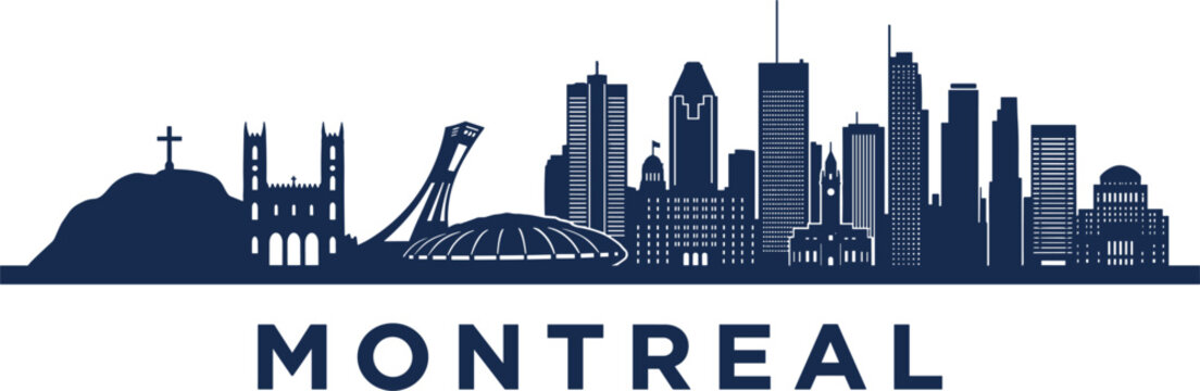 Montreal Canada skyline vector illustration featuring Mount Royal Notre Dame Basilica Olympic Stadium and downtown skyscrapers