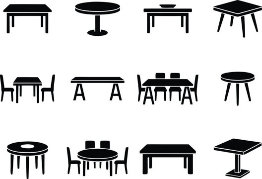 Table and dining furniture icon set in solid black silhouette