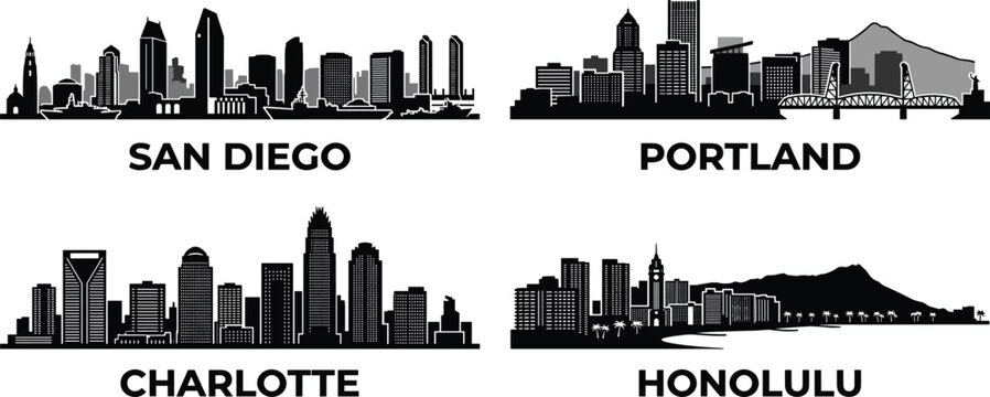 United States city skyline silhouette set including San Diego Portland Charlotte and Honolulu landmark cityscape vector illustration