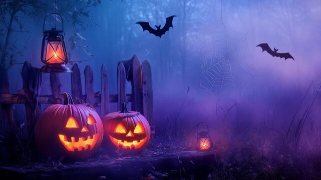 Lanterns glow next to carved pumpkins in a dark forest filled with bats and fog during Halloween