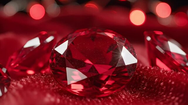 Close-up of sparkling deep red ruby gemstones scattered on luxurious red velvet fabric with bokeh