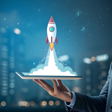 Rocket launching from tablet screen during nighttime city bokeh background concept for startup success and innovation