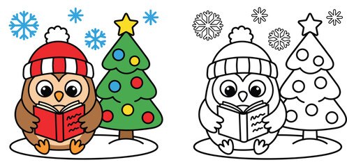 Fototapeta premium Cute cartoon owl reading a book next to a decorated Christmas tree in winter snow, coloring page and color illustration for kids activity
