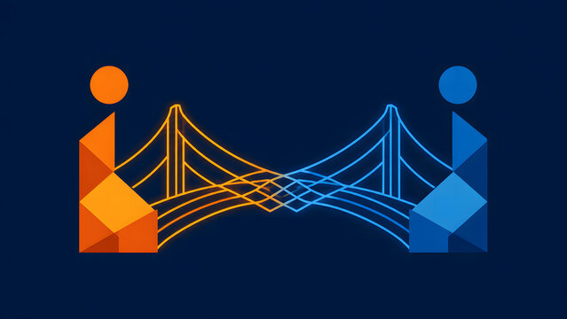 Abstract geometric human figures connected by a suspension bridge, representing business system integration, enterprise network architecture and data connectivity, vector