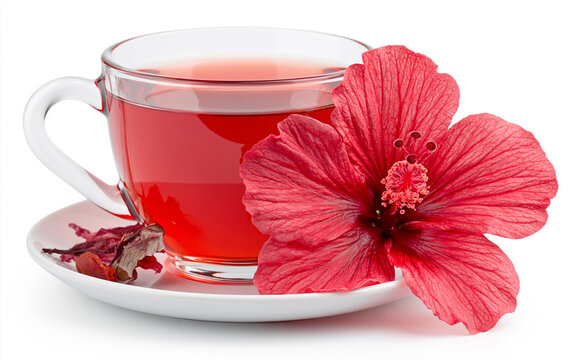 Freshly brewed hibiscus tea and red flower isolated on white