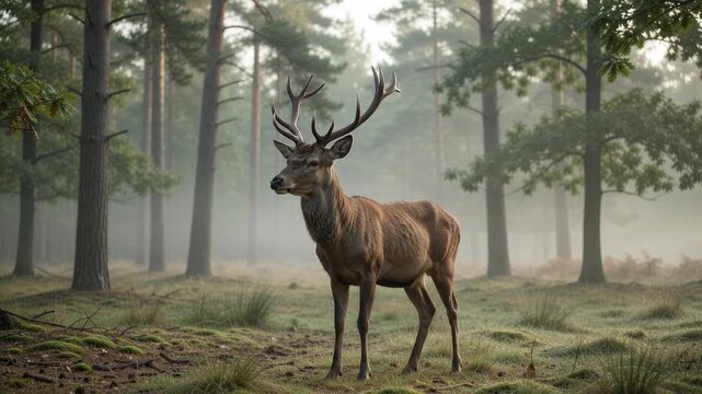 A majestic stag stands gracefully amidst the tranquil, mist-shrouded forest, its impressive antlers a testament to the wild's enduring beauty and serene power