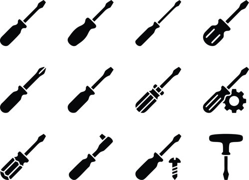 Screwdriver and repair tool icon set in solid black silhouette